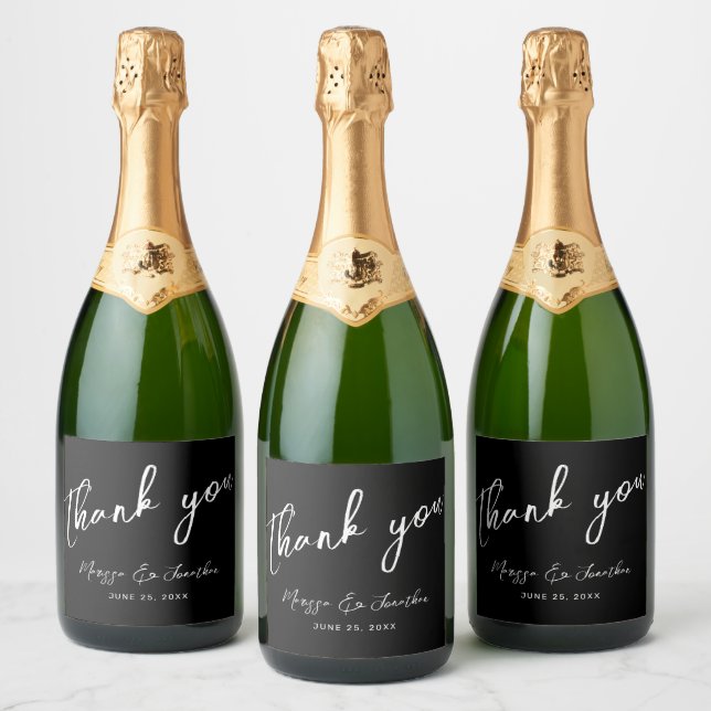 Modern Black White Script Wedding Thank You Sparkling Wine Label (Bottles)
