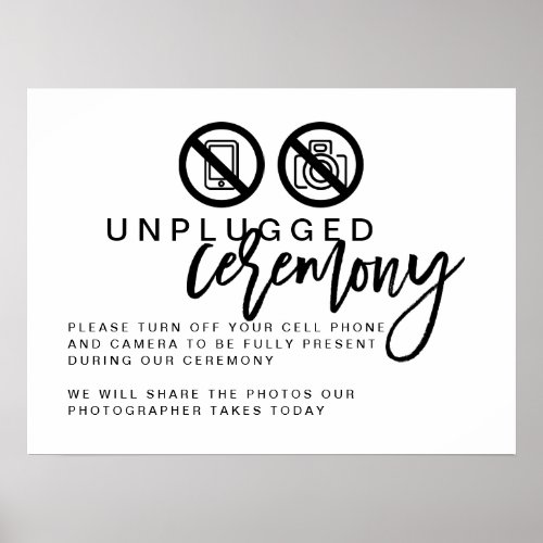 Modern Black  White Script Wedding Unplugged Sign
