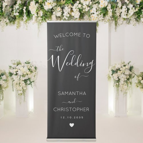 Modern Black  White Script Wedding Welcome Retrac Retractable Banner