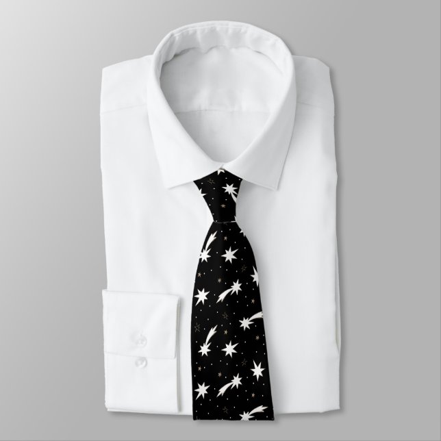 Modern Black White Shooting Star Pattern Neck Tie (Tied)