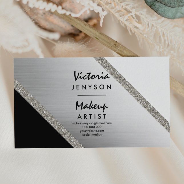 Modern black white silver colorblock Makeup artist Business Card