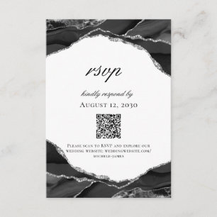 Modern Black White Silver Foil Agate Wedding RSVP Card
