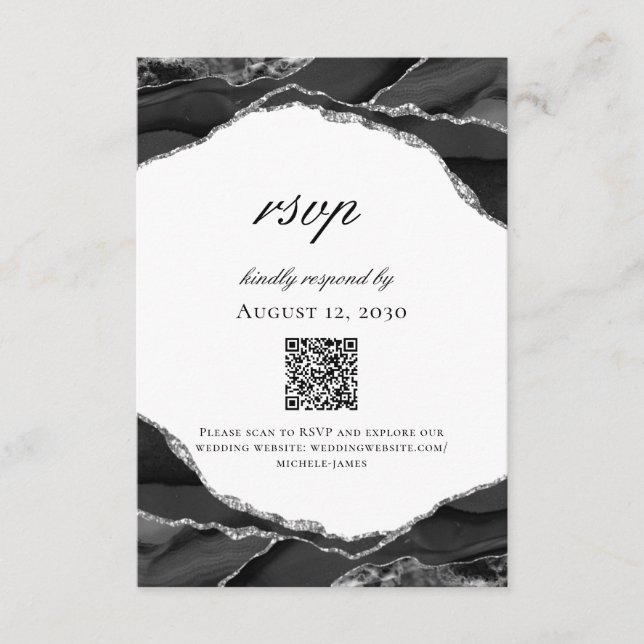 Modern Black White Silver Foil Agate Wedding RSVP Card (Front)