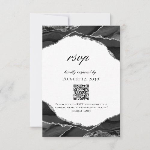 Modern Black White Silver Foil Agate Wedding RSVP Card