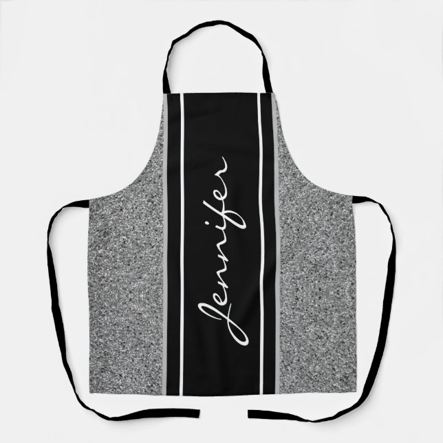 Modern Black White Silver Glitter Personalized Apron (Front)