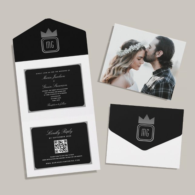 Modern Black White Silver Monogram Photo Wedding All In One Invitation (Creator Uploaded)