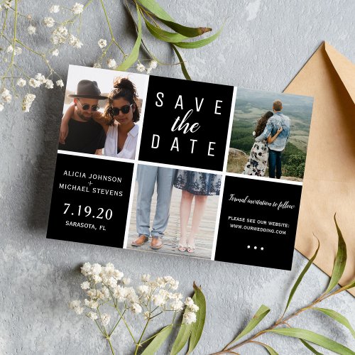 Modern black white simple 3 photo collage wedding save the date