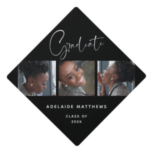 Modern Black White Simple Elegant Photo Collage Graduation Cap Topper