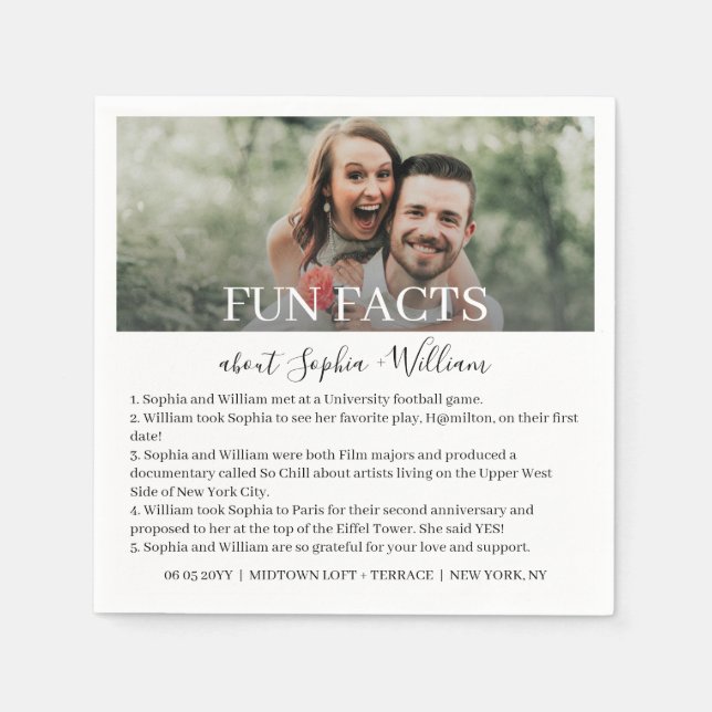 Modern Black White Simple Photo Fun Facts Wedding  Napkins (Front)