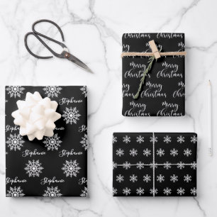 Modern Black White Snowflakes, Merry Christmas Wrapping Paper Sheets