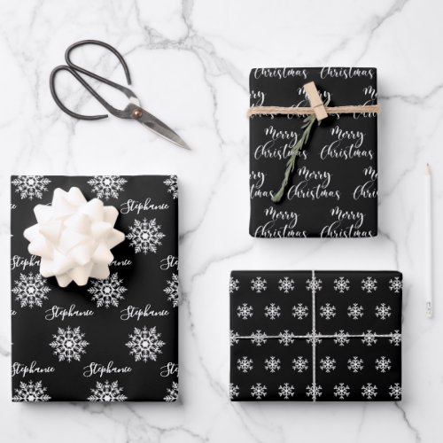Modern Black White Snowflakes Merry Christmas Wrapping Paper Sheets