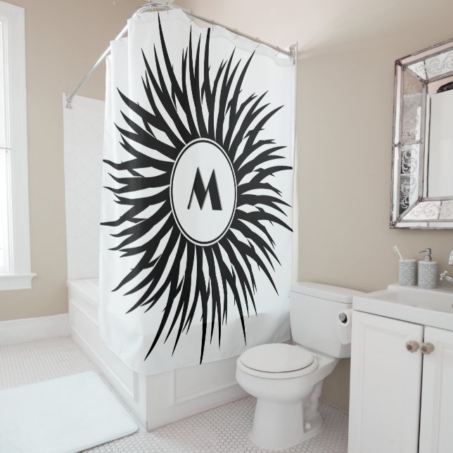 Modern Black White Spiral Monogram Personalize Shower Curtain (In Situ)