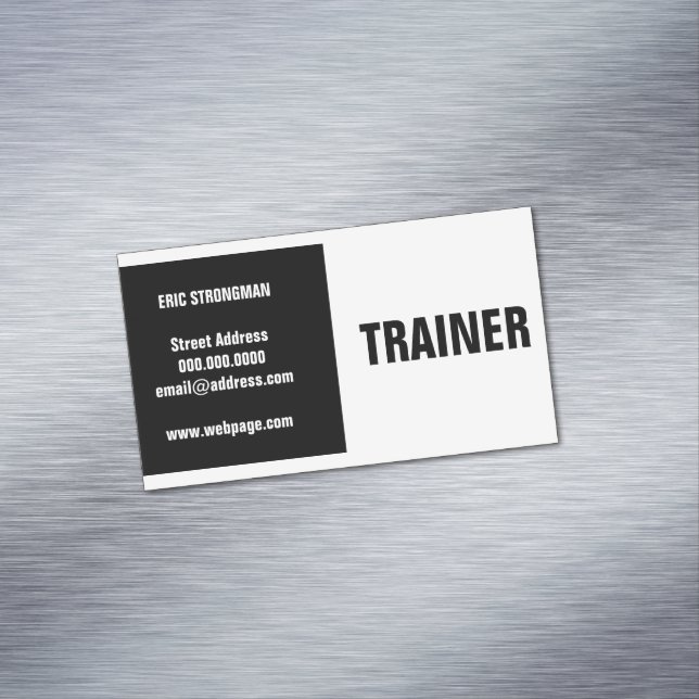 Modern black white split business card magnet (In Situ)
