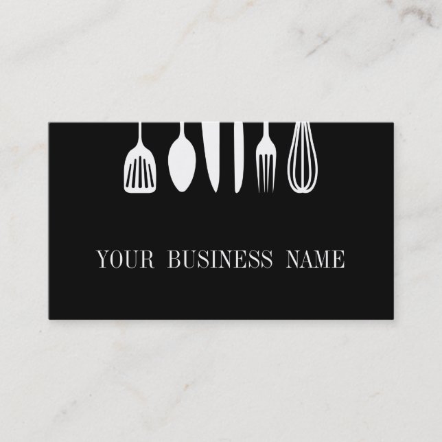 Modern Black & White Spoon and Fork Restaurant Business Card (Front)