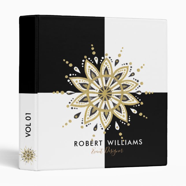 Modern Black & White Squares & Mandala 3 Ring Binder (Front/Spine)