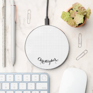 Modern Black White Squares Stylish Monogrammed Wireless Charger