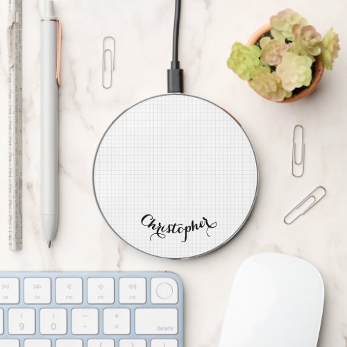 Modern Black White Squares Stylish Monogrammed Wireless Charger