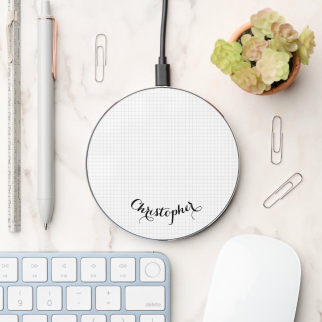 Modern Black White Squares Stylish Monogrammed Wireless Charger (Desk)