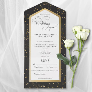 Modern Black & White Starry Gold Dinner All In One Invitation