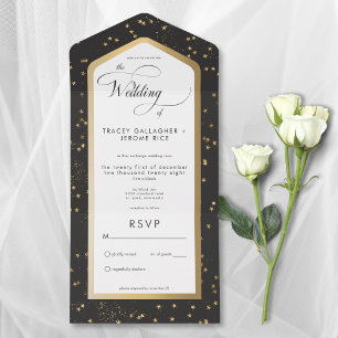 Modern Black & White Starry Gold No Dinner All In One Invitation