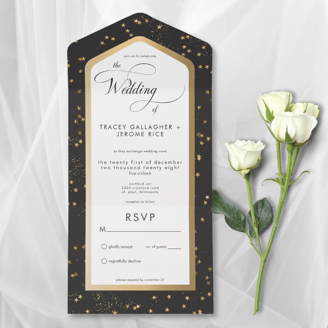 Modern Black & White Starry Gold No Dinner All In One Invitation (Modern Black & White Starry Gold All In One Wedding Invitation without Dinner Options)