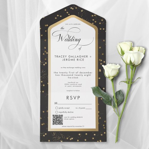Modern Black  White Starry Gold QR Code All In One Invitation