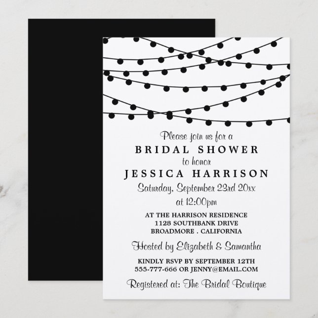 Modern Black & White String Lights Bridal Shower Invitation (Front/Back)
