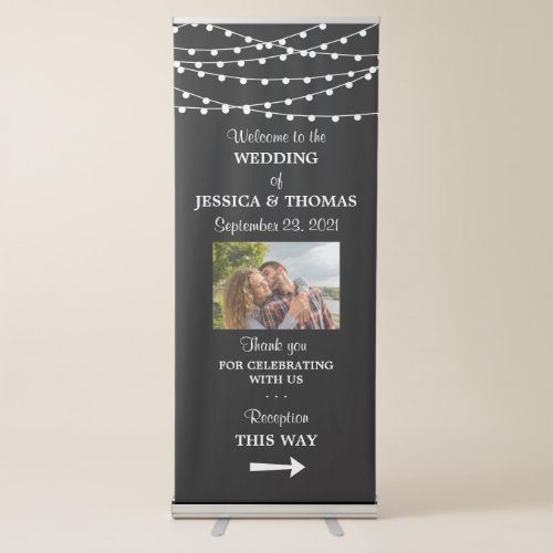 Modern Black  White String Lights Wedding Welcome Retractable Banner