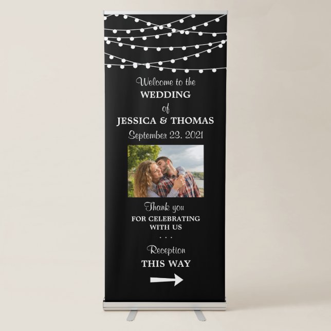 Modern Black & White String Lights Wedding Welcome Retractable Banner (Front)