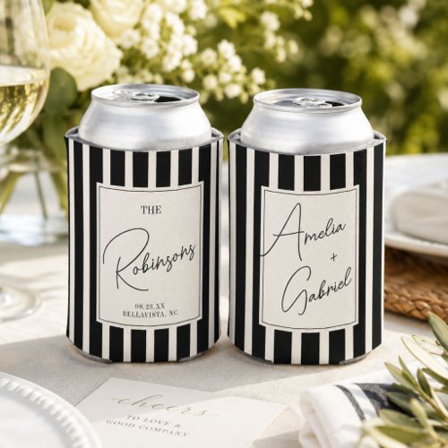Modern Black White Stripe Calligraphy Wedding Can Cooler