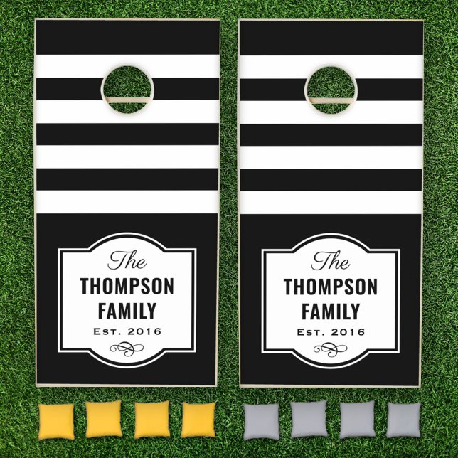 Modern Black White Stripe Family Monogram Cornhole Set (Creator Uploaded)