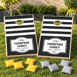 Modern Black White Stripe Family Monogram Cornhole Set