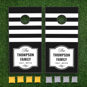 Modern Black White Stripe Family Monogram Cornhole Set