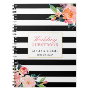Modern Black White Stripe Floral Wedding Guestbook Notebook