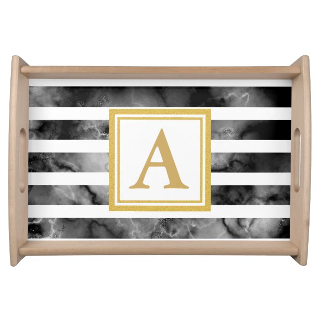 Modern Black White Stripe Gold Monogram Marble Serving Tray (Front)