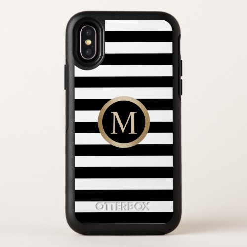 Modern Black  White Stripe Monogram Gold Initial OtterBox Symmetry iPhone XS Case