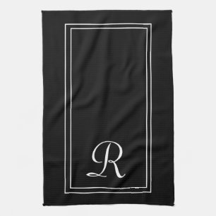 Modern Black & White Stripe Monogram Personalised Kitchen Towel
