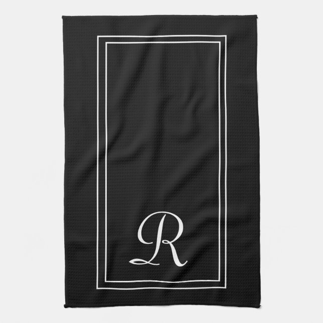 Modern Black & White Stripe Monogram Personalised  Kitchen Towel (Vertical)