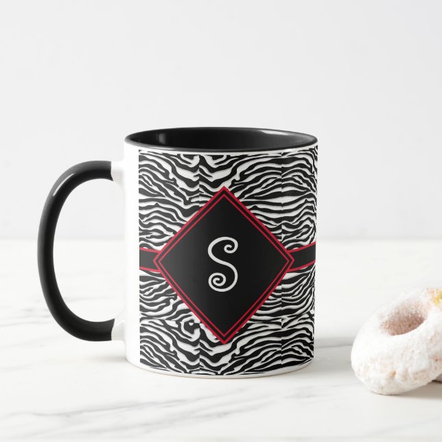Modern Black White Stripe Pattern Monogram  Mug (With Donut)