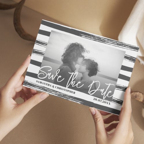 Modern Black  White Stripe Photo Save the Date Po Postcard