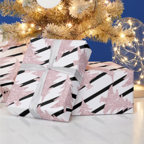 Modern Black White Stripe Rose Gold Christmas Tree Wrapping Paper