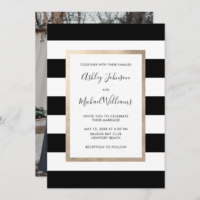 Modern Black White Stripe Script Rose Gold Photo Invitation (Front/Back)