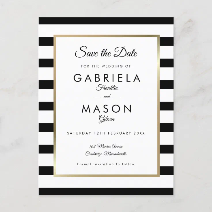 Modern Black White Stripe Wedding Save the Date Announcement Postcard |  Zazzle