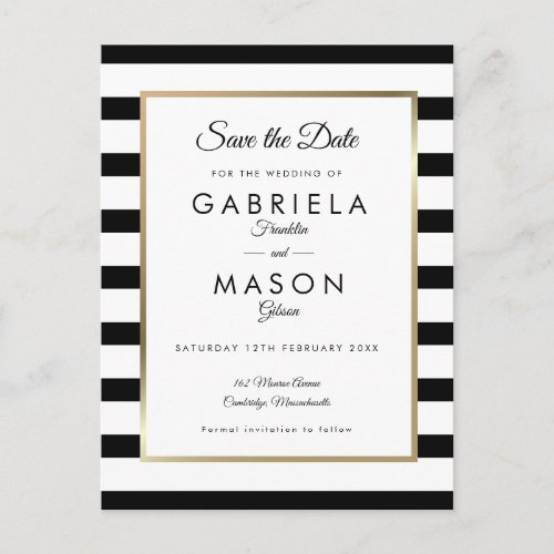 Modern Black White Stripe Wedding Save the Date Postcard