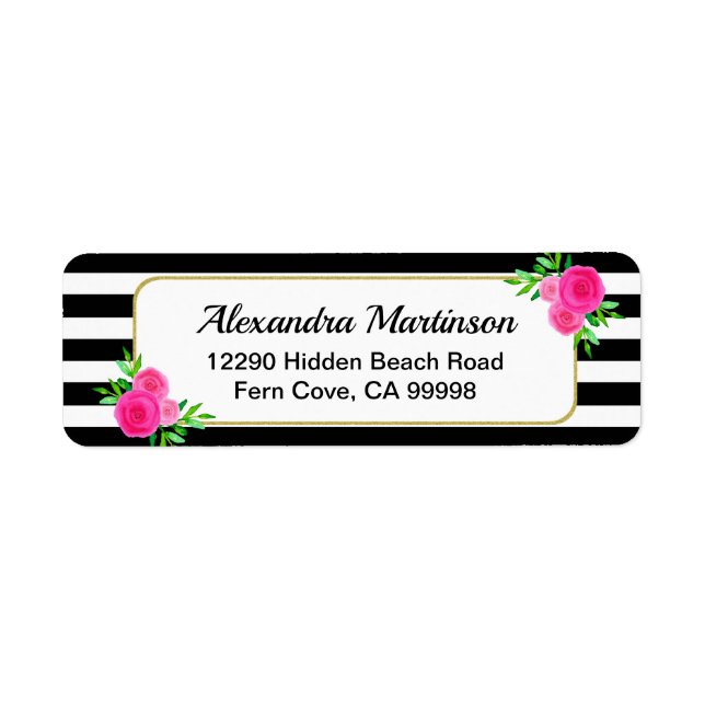 Modern Black White Striped Floral Return Address Label (Front)