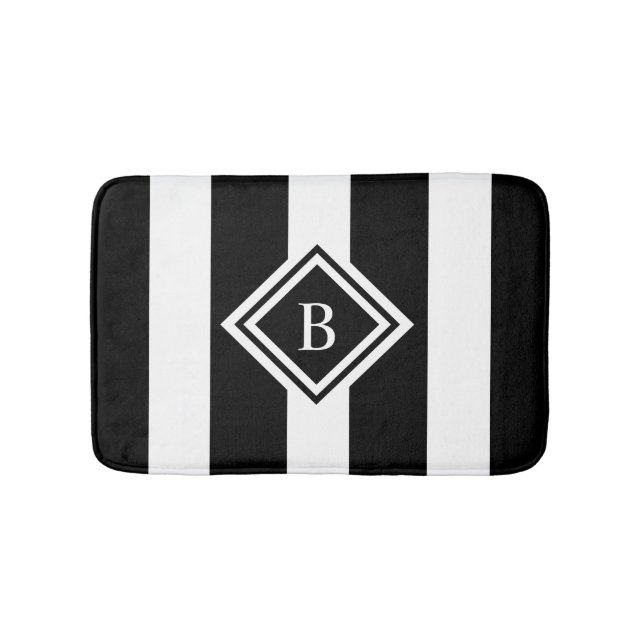 Modern Black White Striped Monogram Memory Foam Bath Mat (Front)