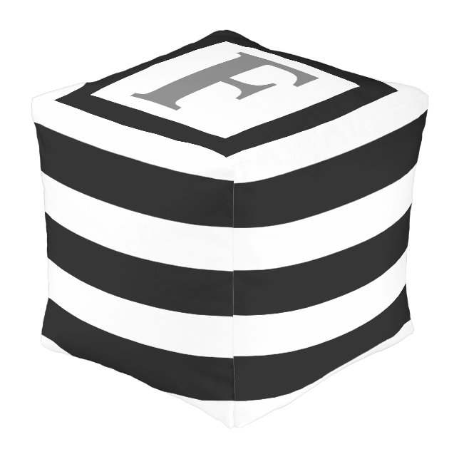 Modern Black White Striped Monogram Outdoor Pouf (Angled Front)