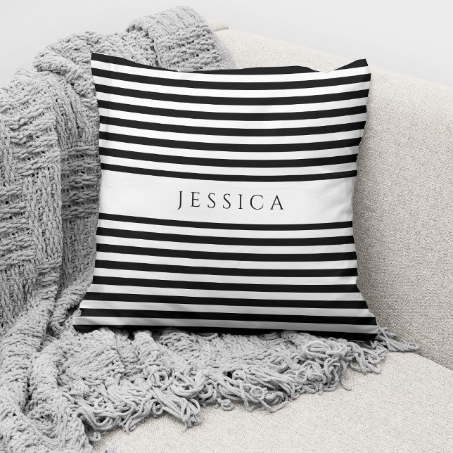 Modern Black & White Striped Pattern Name Throw Pillow (Creator Uploaded)