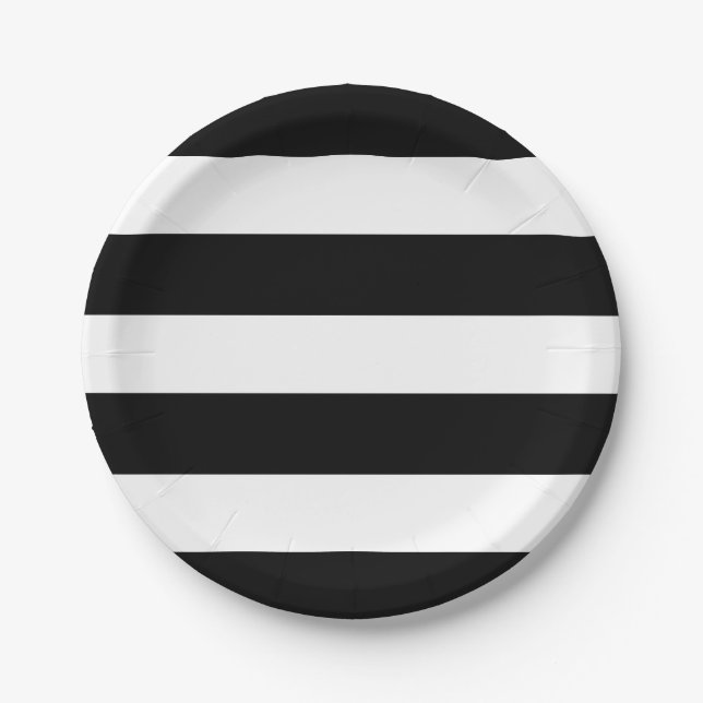 Modern Black White Striped Wedding Reception Party Paper Plates (Front)