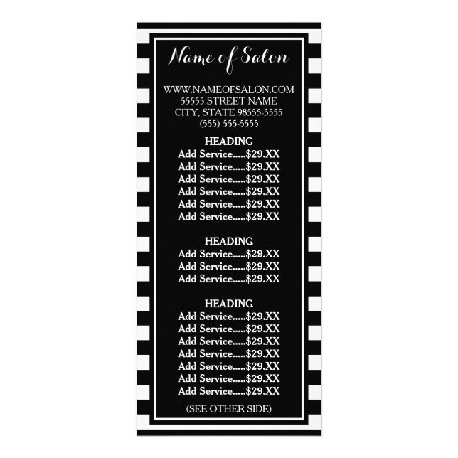 Modern Black White Stripes Beauty Salon Price List Rack Card (Front)